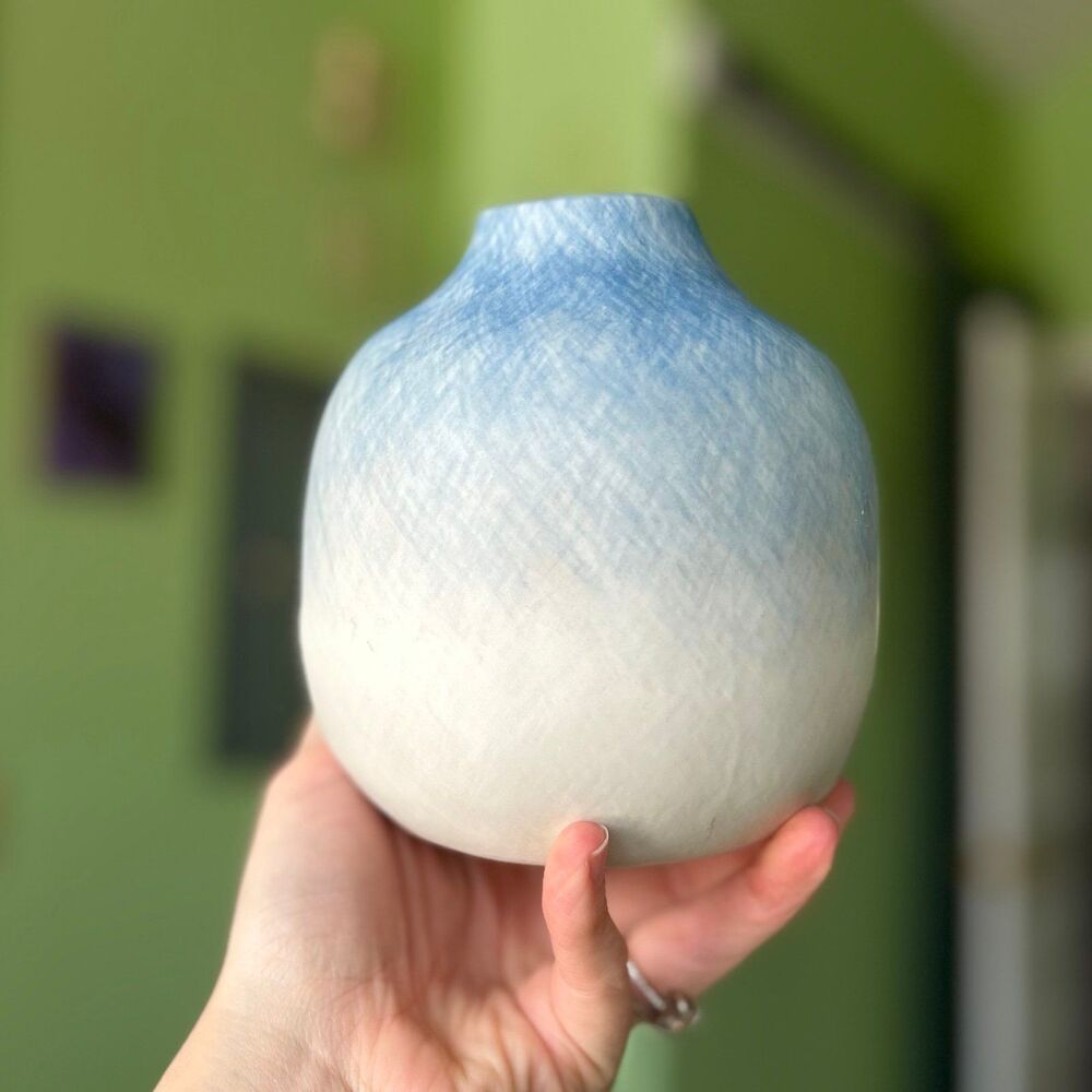 Bohemian Eclectic Unique Blue + Cream Pottery Indoor Vase Accent Decor Piece - Picture 10 of 10